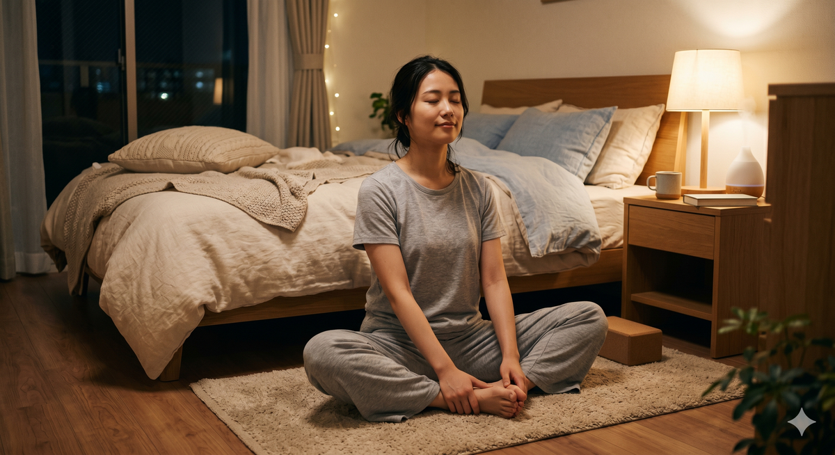 寝る前ストレッチでリラックスする女性のイメージ
