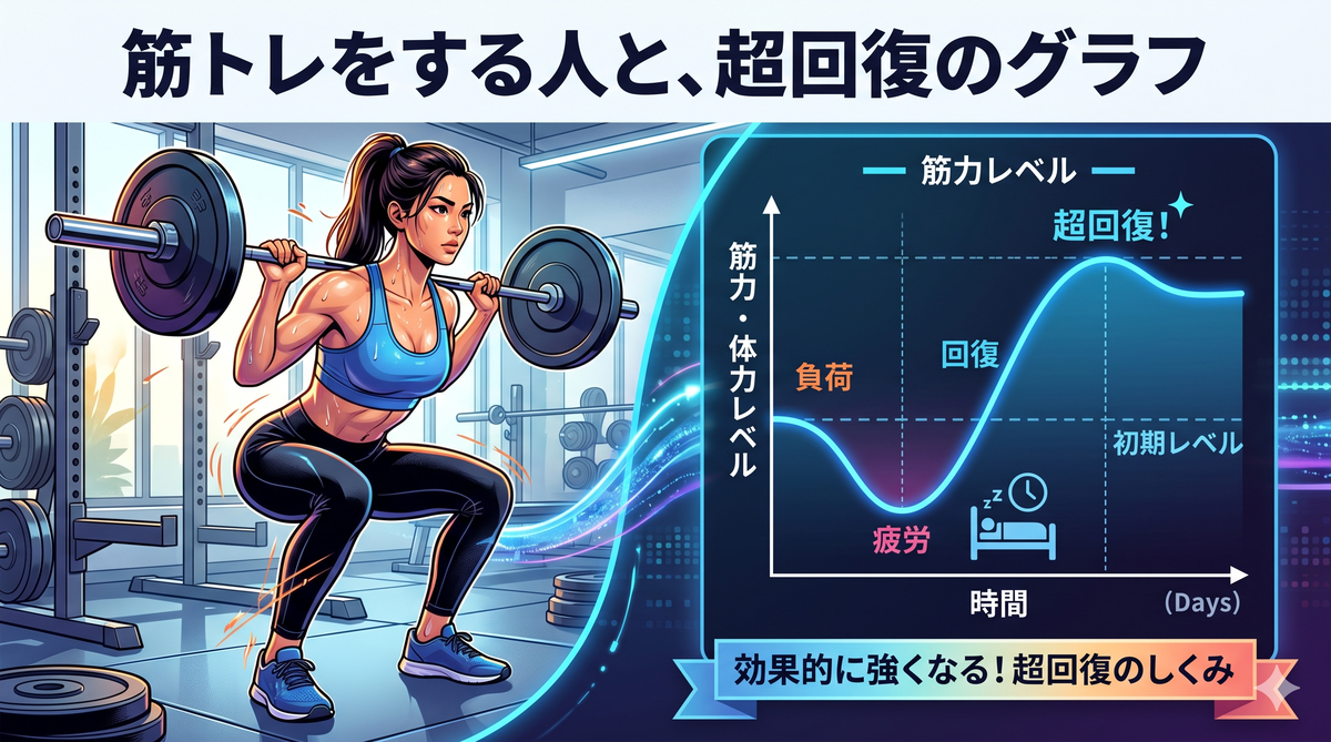アイキャッチ画像: 筋トレをする人と、超回復のグラフ