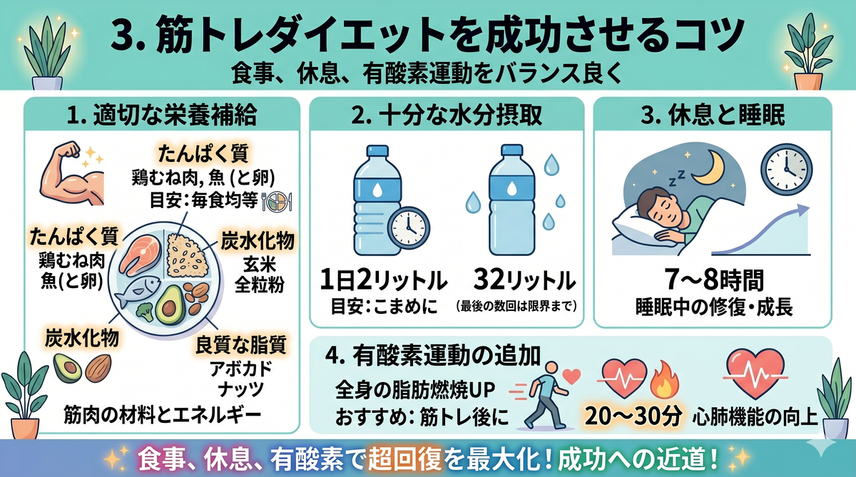 バランスの取れた食事と水を飲む人