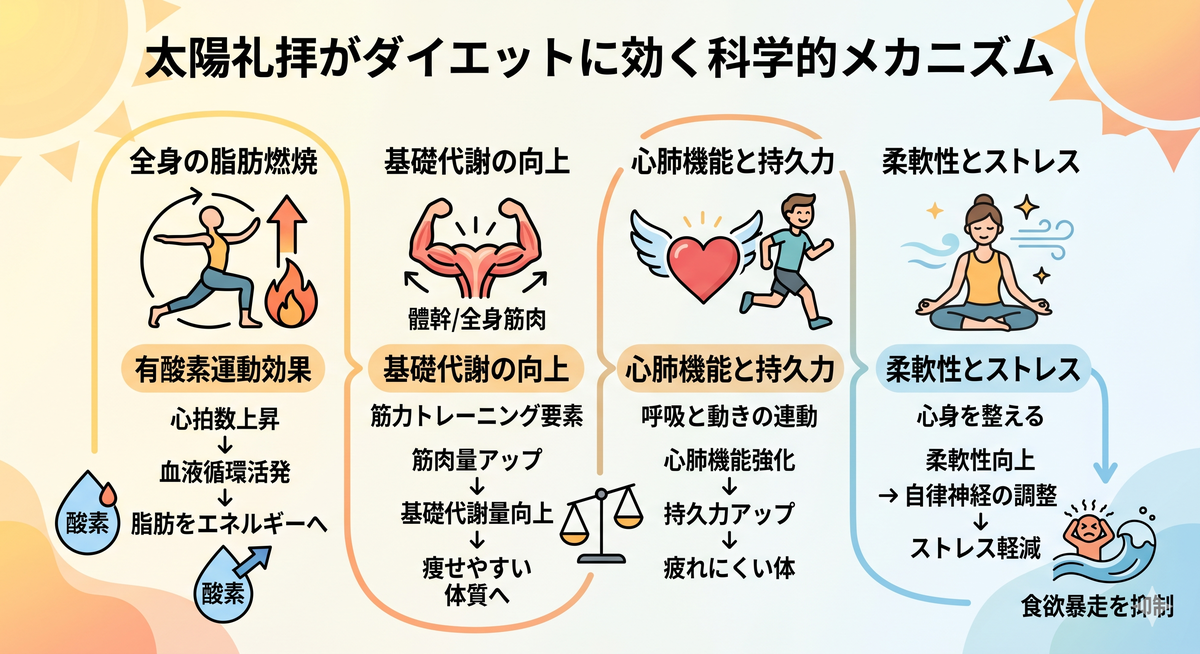 太陽礼拝がダイエットに効果的なメカニズムを示す図