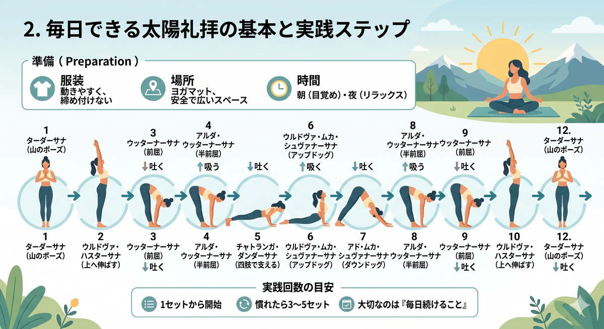 太陽礼拝の基本ポーズを実践する様子