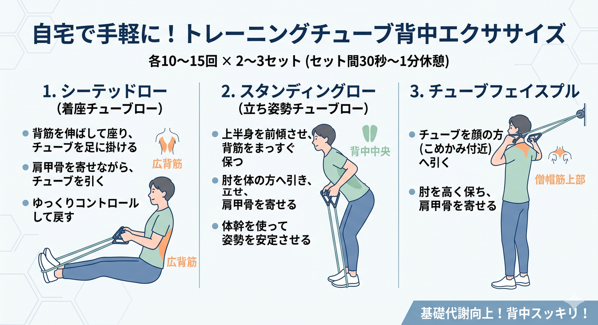 トレーニングチューブを使った背中トレーニングの例