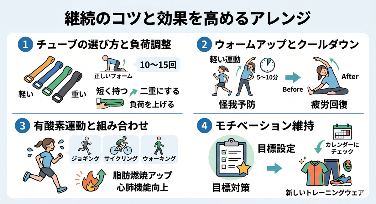 様々な強度のトレーニングチューブと、トレーニングに励む人
