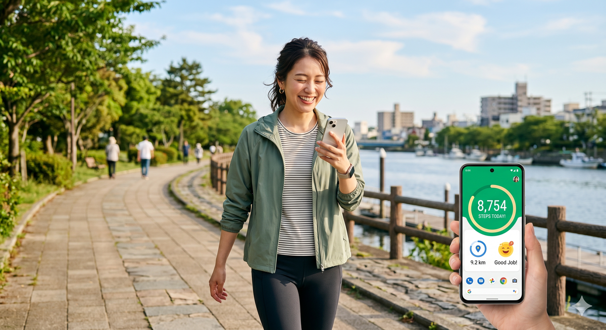 スマートフォンで歩数計アプリをチェックする楽しそうな人