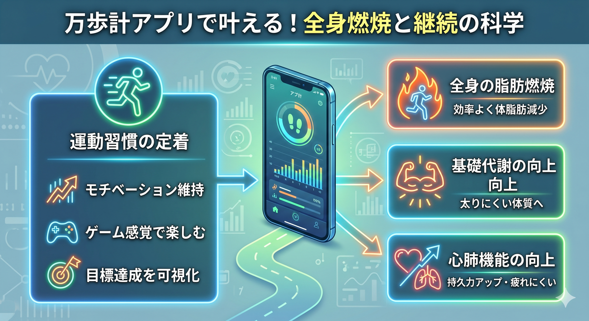 スマートフォンアプリで歩数を記録し、グラフで達成度を確認する様子