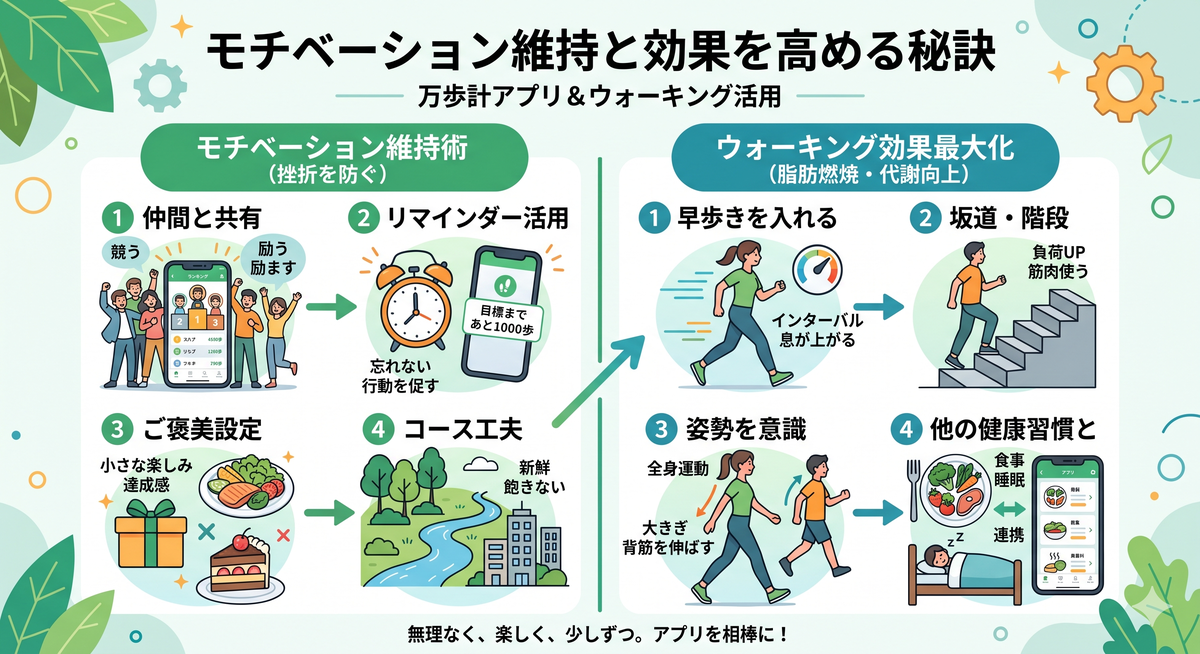 楽しそうにウォーキングしているグループと、スマートウォッチをチェックする人