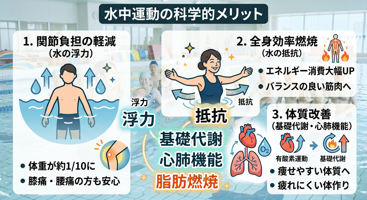 水中で全身運動をする人