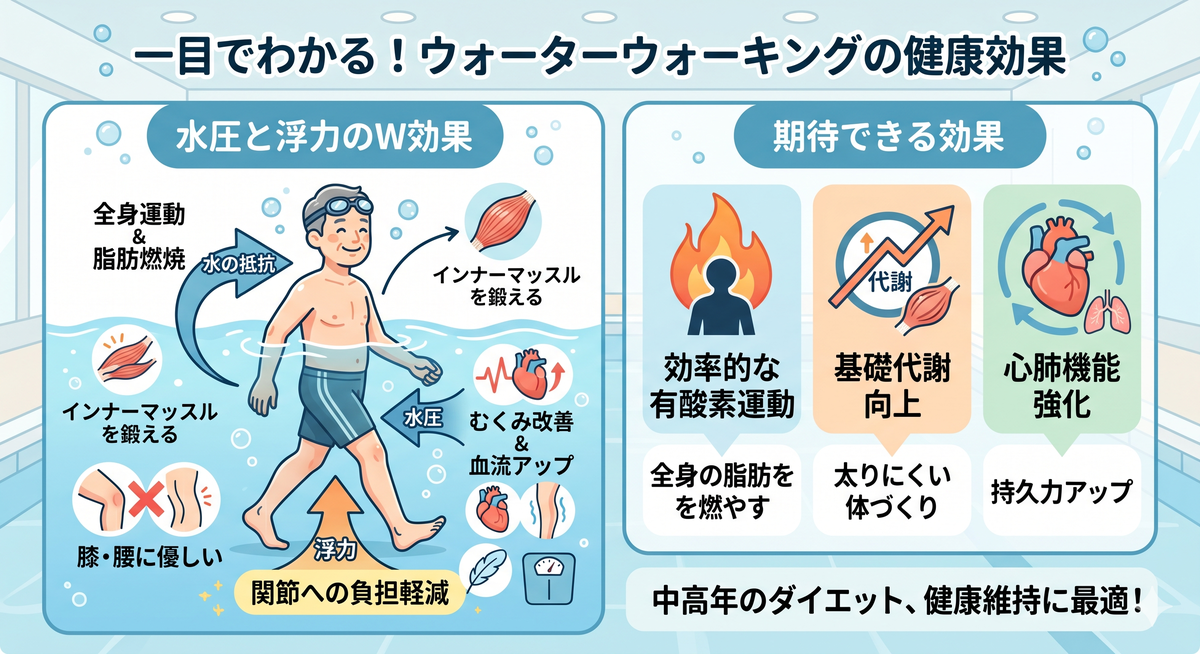 水中を歩く中高年の人々