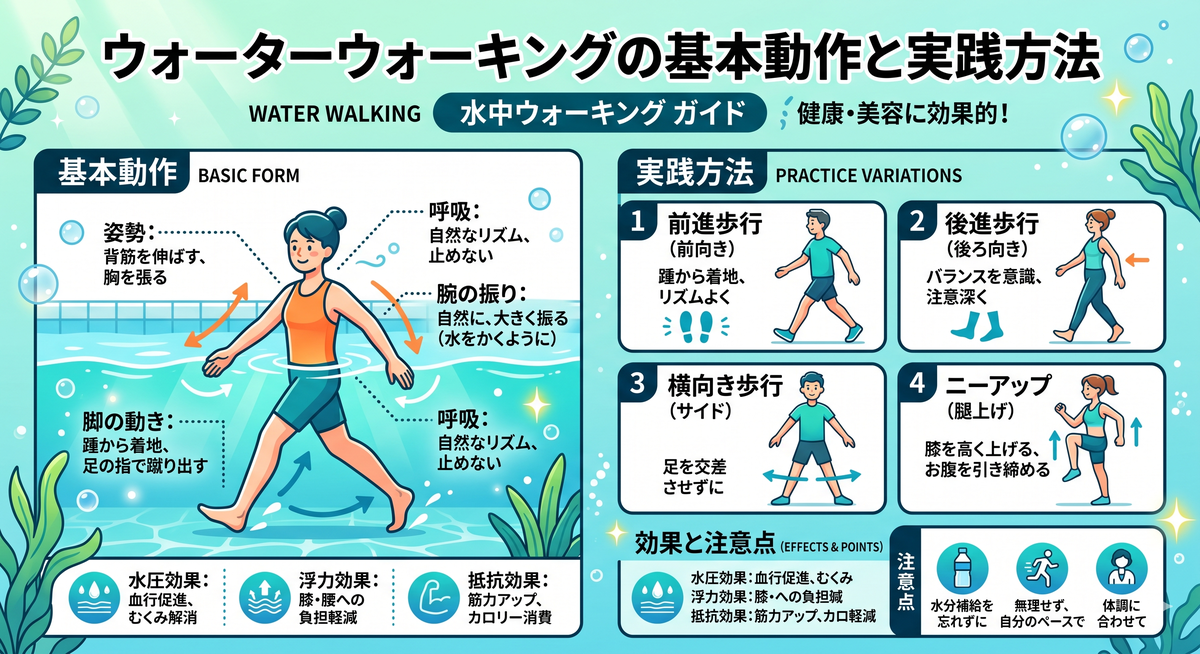 プールで正しいフォームでウォーキングする人